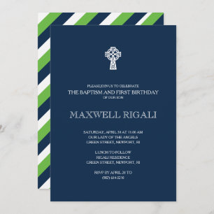Invitación Bautismo azul y verde moderno y primer cumpleaños