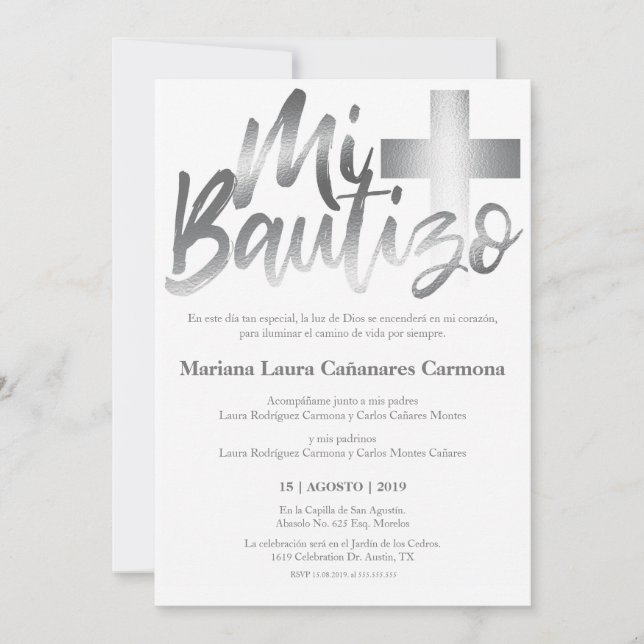 Invitación Bautismo bautizo Faux SILVER (Anverso)