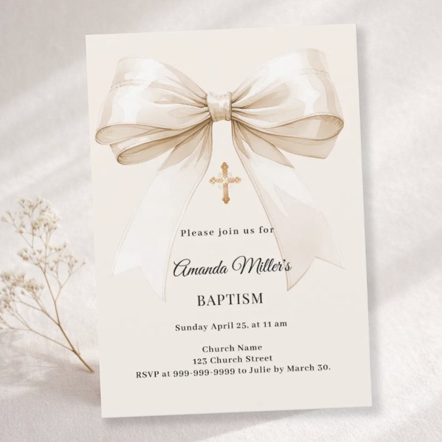 Invitación Bautismo beige lazo elegante neutral (Subido por el creador)