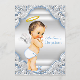 Invitación Bautismo blanco azul del bebé del muchacho del