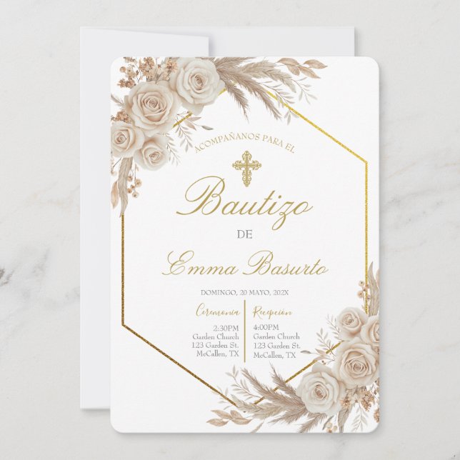 Invitación Bautismo boho pampas  (Anverso)