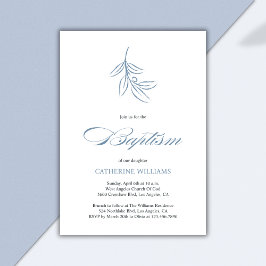 Invitación Bautismo botánico minimalista blanco y azul