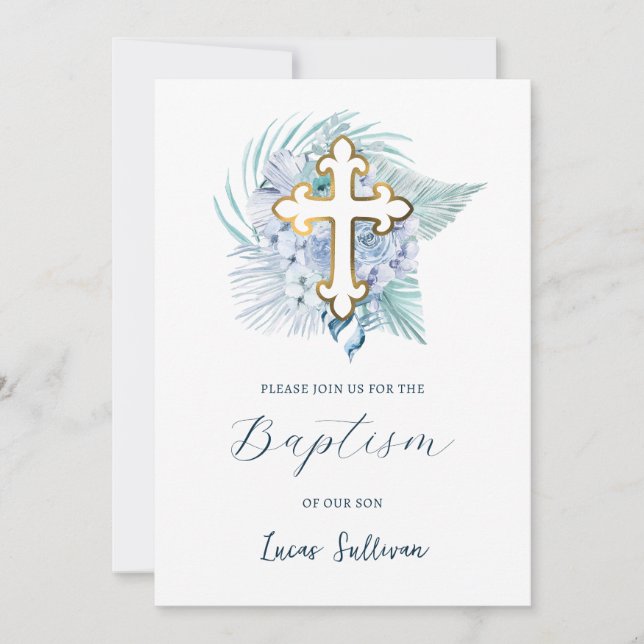 Invitación Bautismo Bouquet azul Boho Pastel (Anverso)