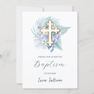 Invitación Bautismo Bouquet azul Boho Pastel