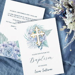 Invitación Bautismo Bouquet azul Boho Pastel