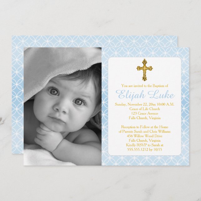 Invitación Bautismo | Boy Eternity Rings Gold Cross Photo (Anverso / Reverso)