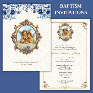 Invitación Bautismo católico Christening Angels Floral