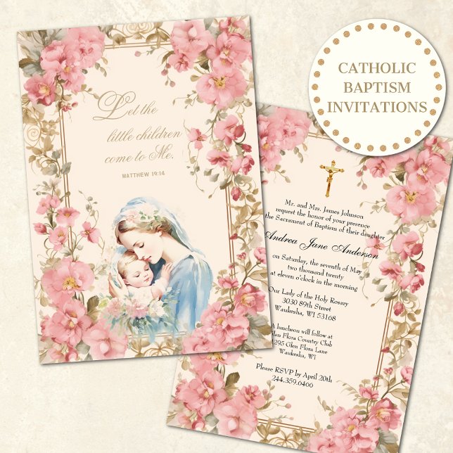 Invitación Bautismo católico Christening Pink Floral Mary (Subido por el creador)