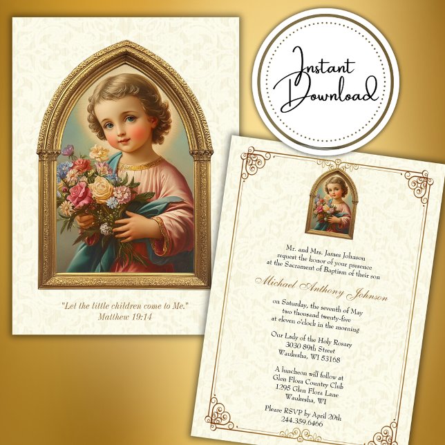 Invitación Bautismo católico Cristiano Cristiano Niño Floral  (Subido por el creador)