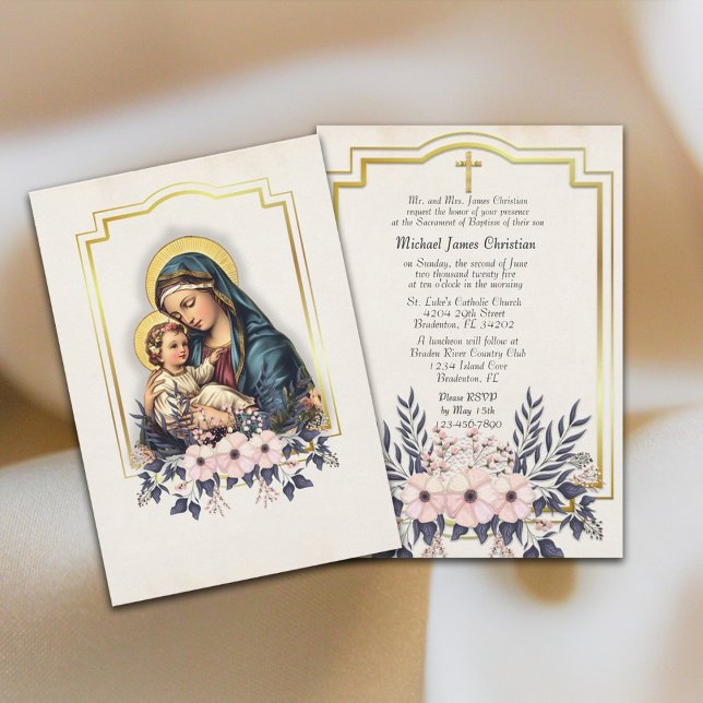Invitación Bautismo Católico Floral Bendición Madre Jesús (Subido por el creador)