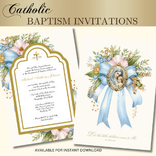 Invitación Bautismo Católico Floral María y Jesús