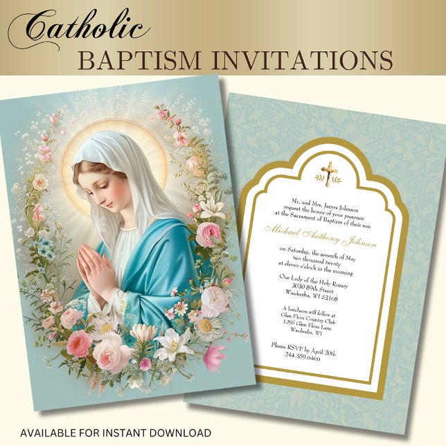 Invitación Bautismo Católico Floral María y Jesús (Subido por el creador)