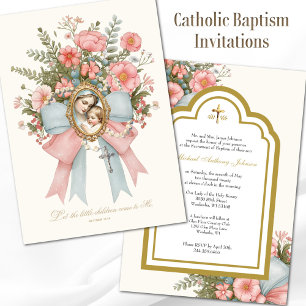 Invitación Bautismo Católico Floral María y Jesús