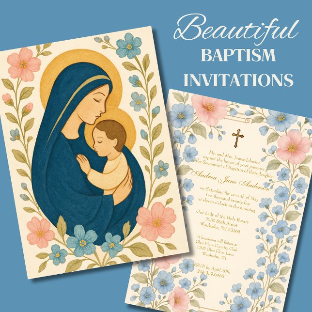 Invitación Bautismo Católico Floral María y Niño Jesús (Subido por el creador)