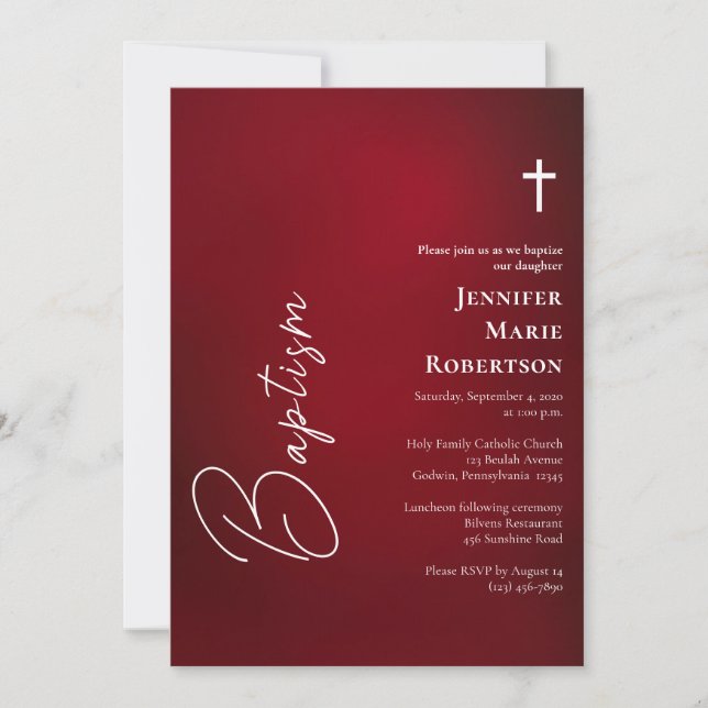 Invitación Bautismo católico romano rojo profundamente rico (Anverso)