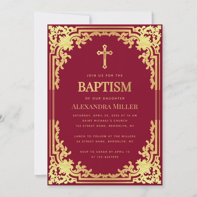 Invitación Bautismo chica Burgundy Faux Gold Vintage Religios (Anverso)