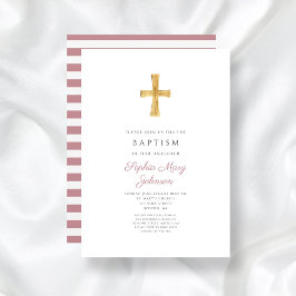 Invitación Bautismo Chica de franjas rosadas religiosas cruza