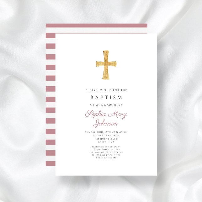 Invitación Bautismo Chica de franjas rosadas religiosas cruza (Religious Cross Modern Pink Stripes Girl Baptism Invitation)