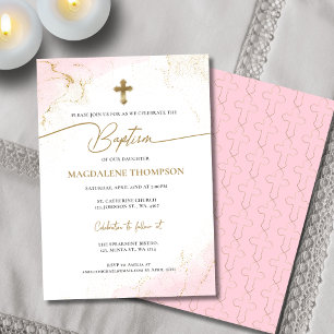 Invitación Bautismo Chica de la Cruz de Oro Rosa cristiana mo
