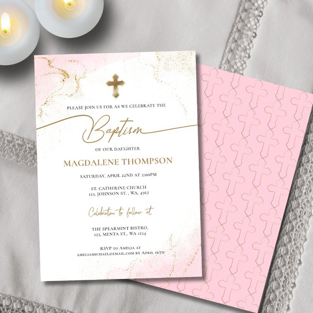 Invitación Bautismo Chica de la Cruz de Oro Rosa cristiana mo (Subido por el creador)