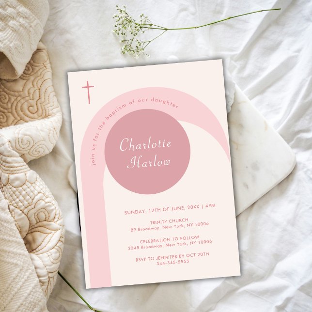 Invitación Bautismo Chica de la Cruz del Arco Boho Moderno Ro (Pink Simple Modern Boho Arch Cross Girl Baptism Invitation)