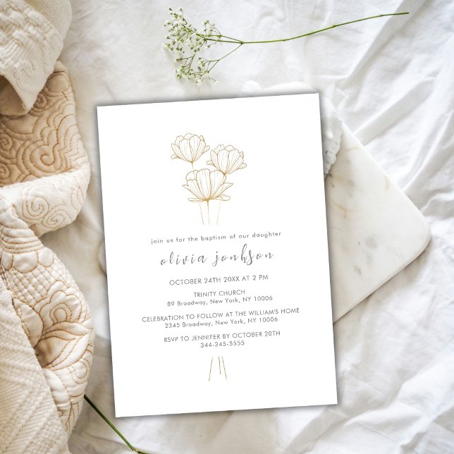 Invitación Bautismo Chica de la flor de oro negro moderna (Modern Black Gold Flower Christening Girl Baptism Invitation)