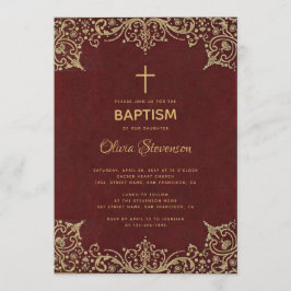 Invitación Bautismo chica Elegante cruz de oro borgoñona