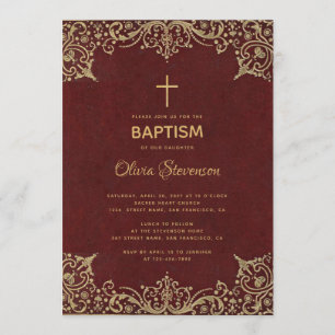 Invitación Bautismo chica Elegante cruz de oro borgoñona