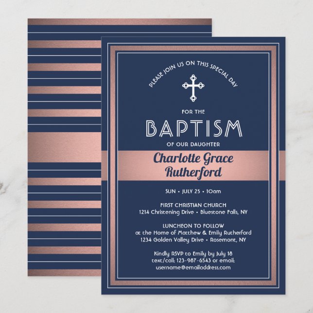 Invitación Bautismo chica Elegante Marina Oro Rosa Azul Rosa (Anverso / Reverso)