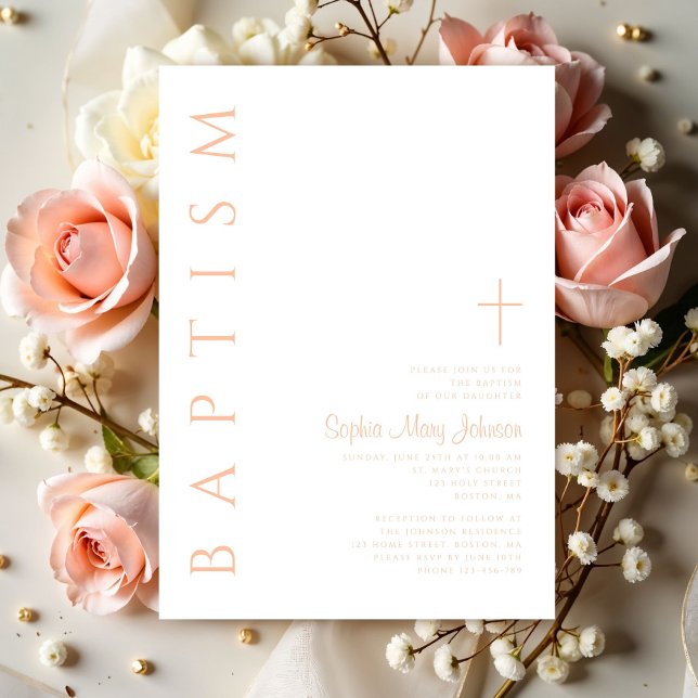 Invitación Bautismo Chica elegante y moderno (Modern Elegant Pink Religious Cross Girl Baptism Invitation)