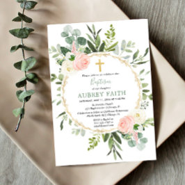 Invitación Bautismo chica elegante y rosa de eucalipto
