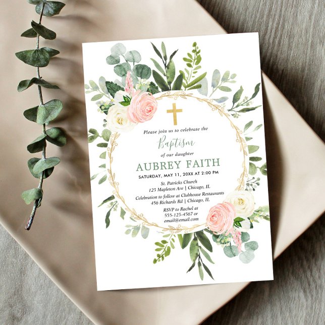 Invitación Bautismo chica elegante y rosa de eucalipto (Subido por el creador)