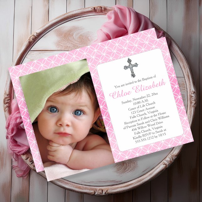 Invitación Bautismo | Chica Eternity Rings Crosses Photo (Baptism Girl Eternity Rings Elegant Silver Cross Photo Invitation - Print and/or Digital Download)