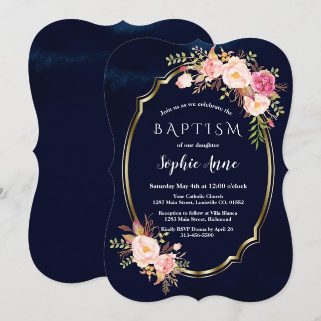 Invitación Bautismo Chica floral azul azul de la Marina Real (Anverso / Reverso)