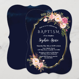 Invitación Bautismo Chica floral azul azul de la Marina Real