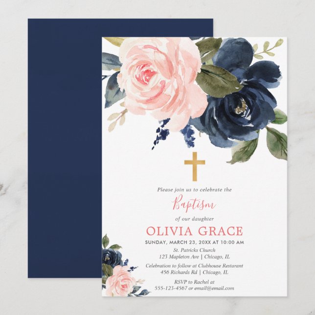 Invitación Bautismo chica floral azul marino rosa Rubor (Anverso / Reverso)