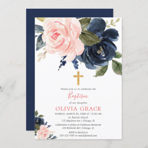 Invitación Bautismo chica floral azul marino rosa Rubor