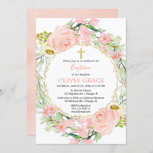 Invitación Bautismo chica floral de color rosa y dorado de Ru