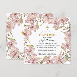 Invitación Bautismo Chica Floral De Color Rosa Y Oro