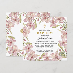Invitación Bautismo Chica Floral De Color Rosa Y Oro