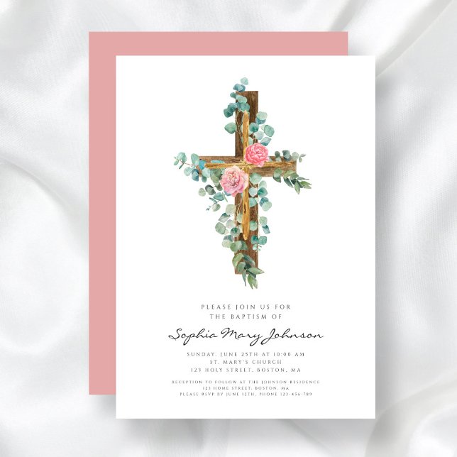 Invitación Bautismo Chica floral de cruz rosa (Religious Cross Pink Floral Girl Baptism Invitation)