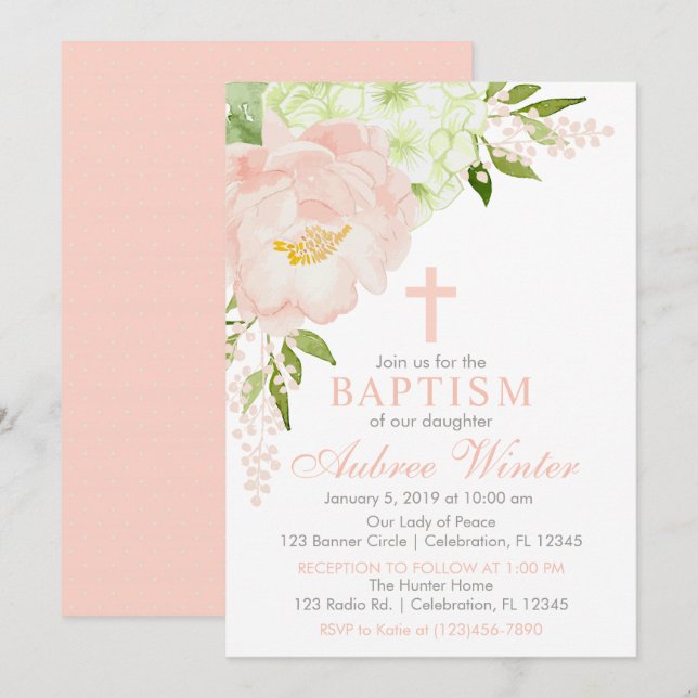 Invitación Bautismo Chica floral de primavera rosa y menta de (Anverso / Reverso)