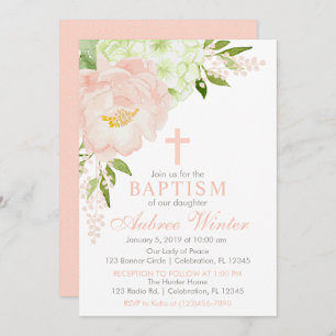 Invitación Bautismo Chica floral de primavera rosa y menta de