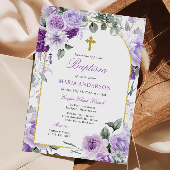 Invitación Bautismo Chica floral de Rosa púrpura rústico (Subido por el creador)
