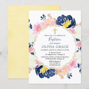 Invitación Bautismo chica floral dorado rosa azul marino