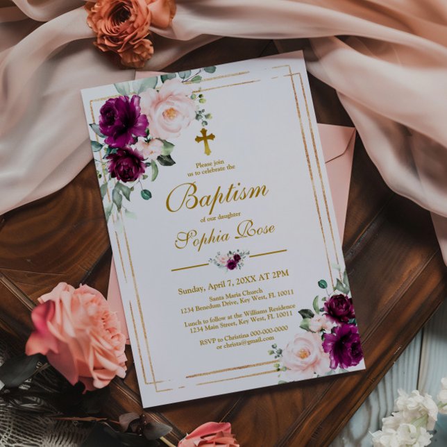 Invitación Bautismo Chica floral rosa morado y Rubor rosa (Subido por el creador)
