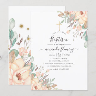 Invitación Bautismo Chica floral rosado de Rubor