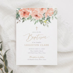 Invitación Bautismo Chica floral rosado de Rubor