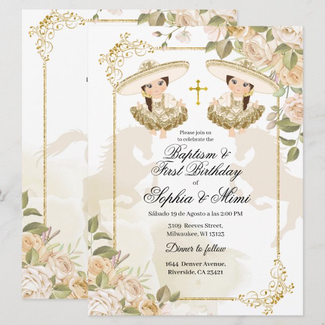 Invitación Bautismo Chica gemelo mexicano blanco y dorado (Anverso / Reverso)