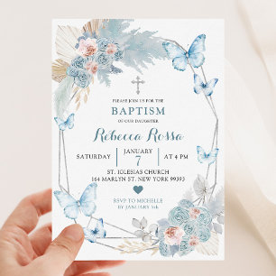 Invitación Bautismo Chica mariposa rosa y azul de Rubor
